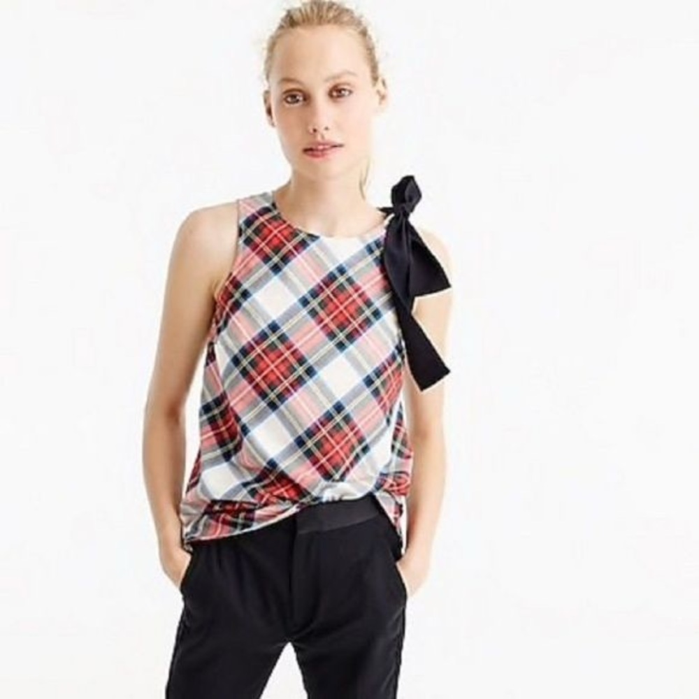 J. Crew Cotton Bow-shoulder Top In Festive Plaid in Red Size 4